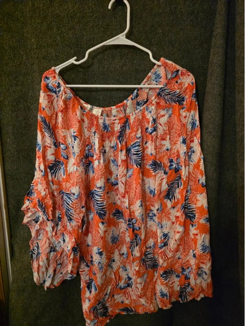Terra Sky Womens 3X 24W 26W Orange Blue Tropical Palm Leaf Smocked Boho Top